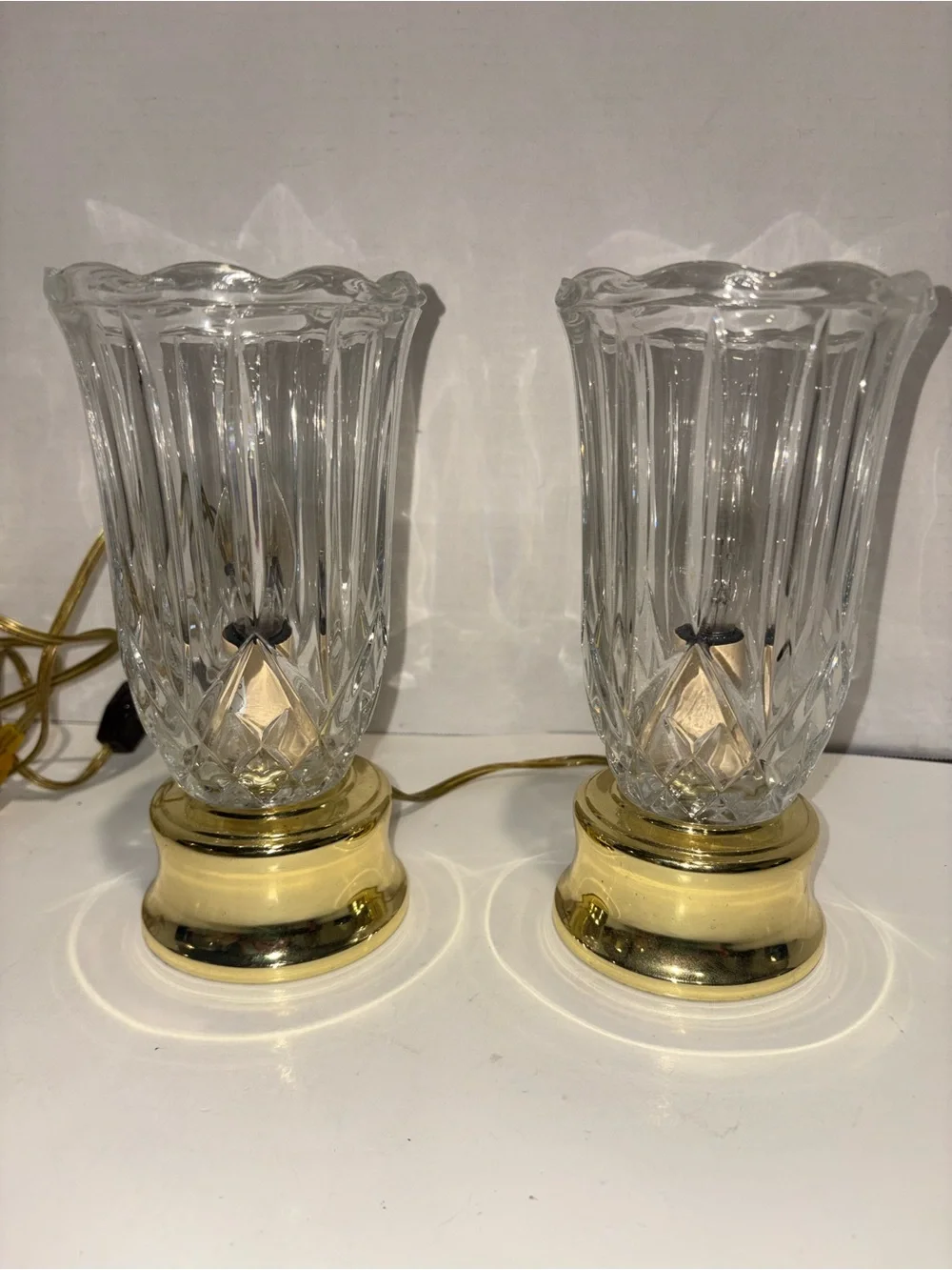 Crystal Glass and Gold Table Lamp Pair - Clear and Gold